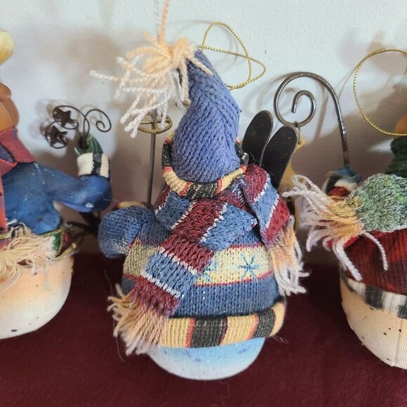 Vintage Fabric Mache Holiday Winter Christmas Ornaments Snowmen & Moose Set of 4 - Picture 10 of 16